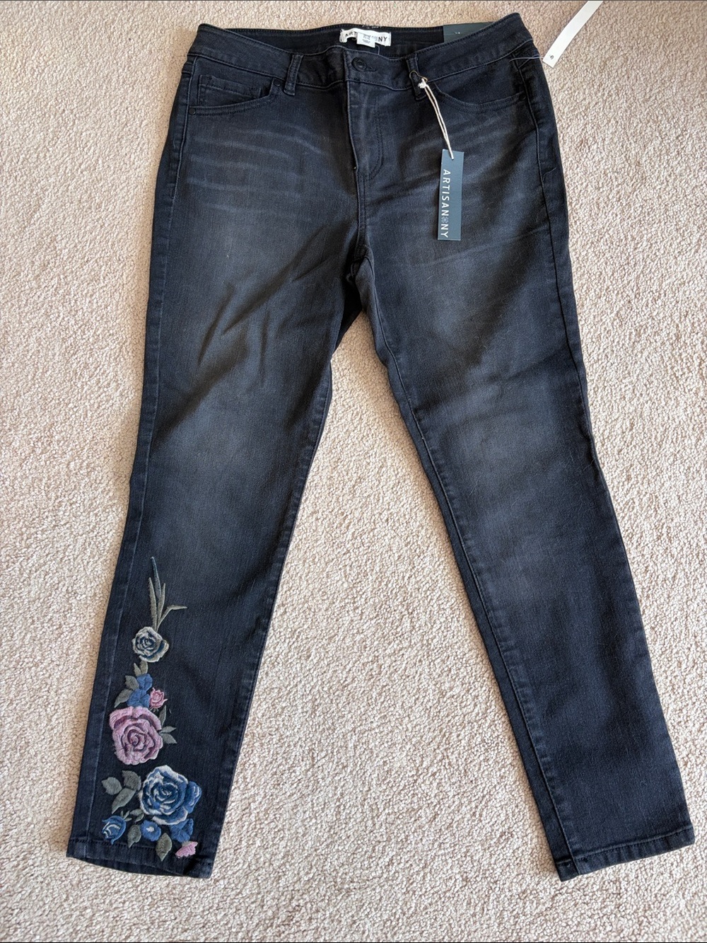 Artisan NY Black Skinny Jeans with Blue & Pink Floral Embroidery